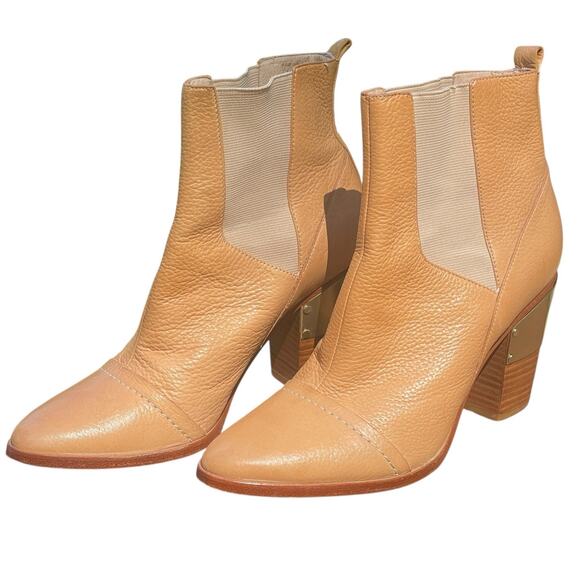 Rachel Zoe Beige Leather Ankle Boots | Block Heel Booties Size 6 1/2 - Picture 1 of 15
